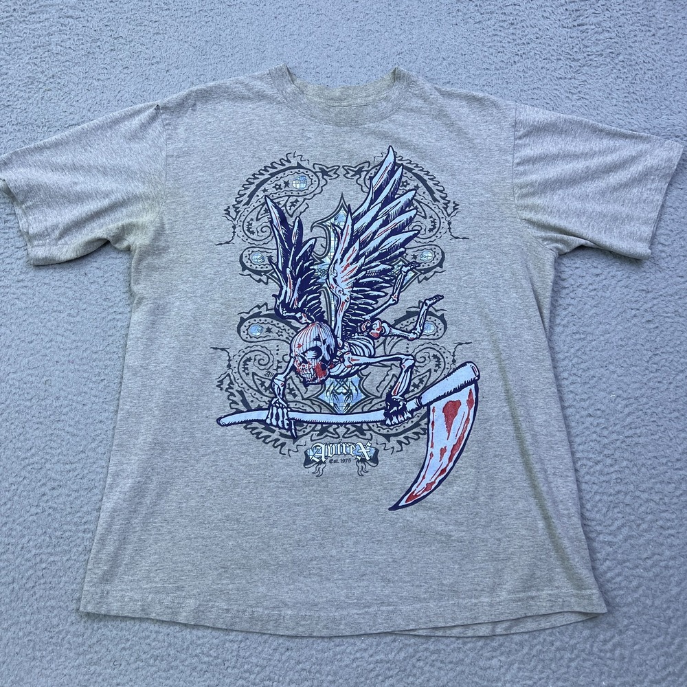VTG Y2k Avirex Grim Reaper Shirt Mens‎ L Gray Skull Scythe Grunge Y2K Skater